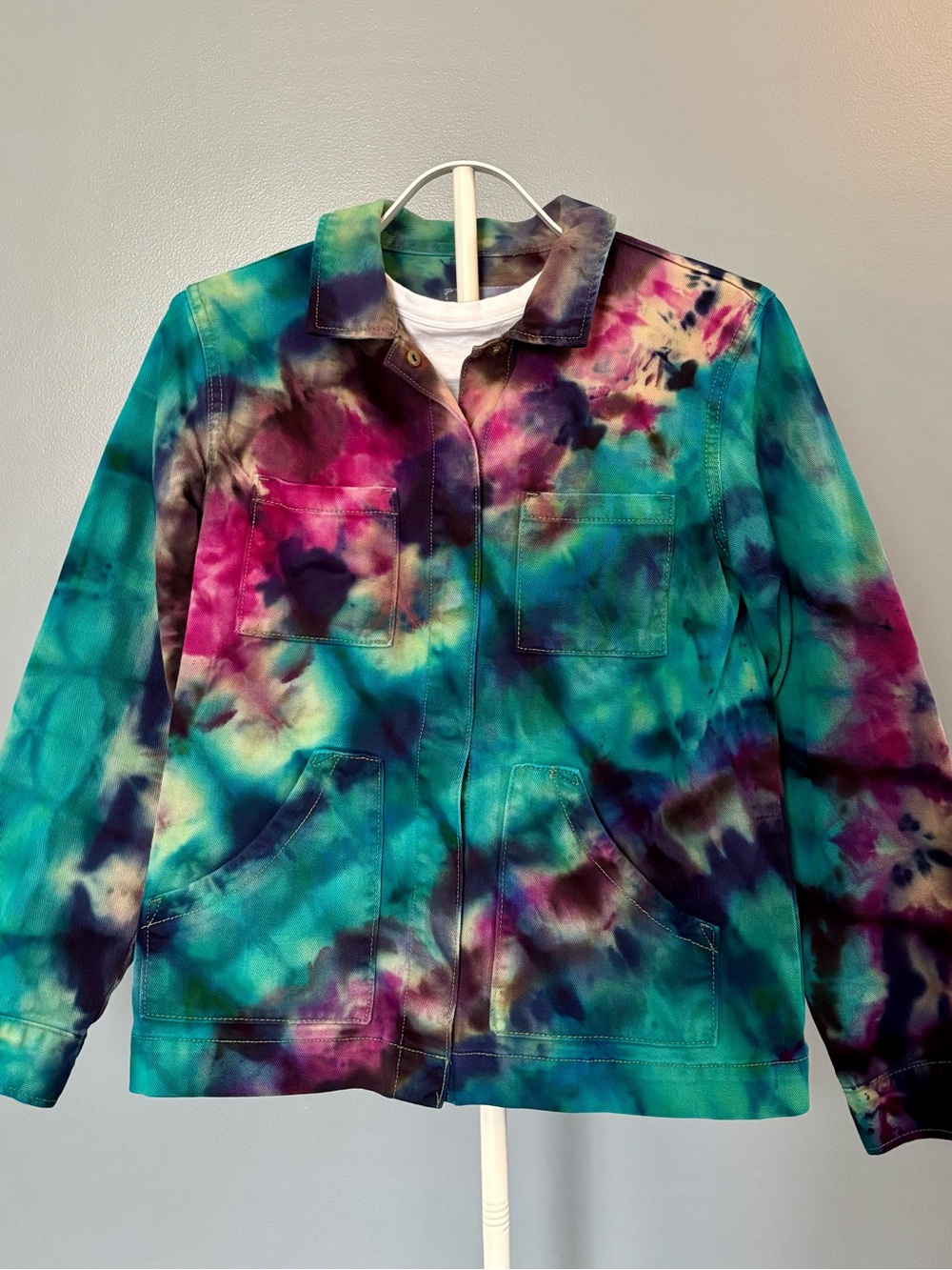✨ ONE-OF-A-KIND Upcycled Denim Utility Jacket | Ice Dyed | Teal Magenta Purple